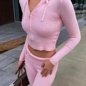 Pink Ribbed Knit Hoodie Top